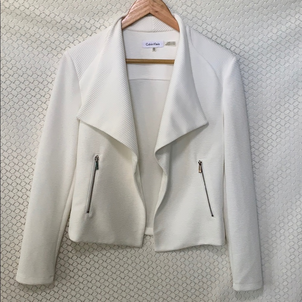 Calvin Klein White Draped Open-Front Cropped Blazer